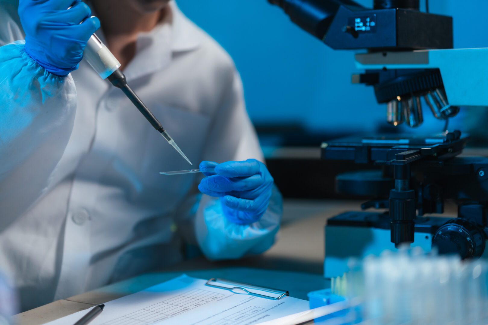 Close up, Veterinary scientists prepare cattle semen samples on microscope slides using pipettes in a laboratory to evaluate bull semen quality for artificial insemination and livestock breeding.