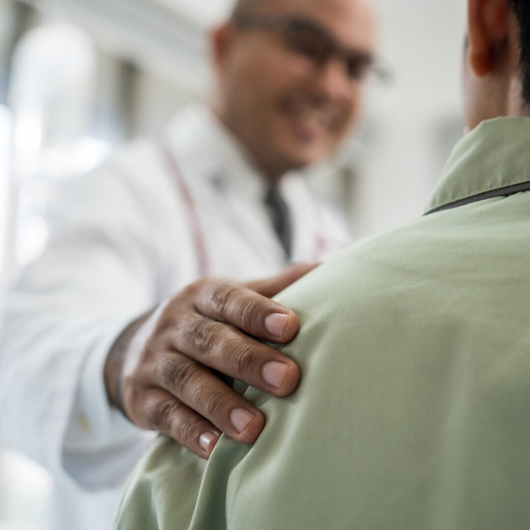 Doctors encourage patients recovery service. Doctors treat patients diseases. Life and health insurance. Advice to young man consulting about treatment